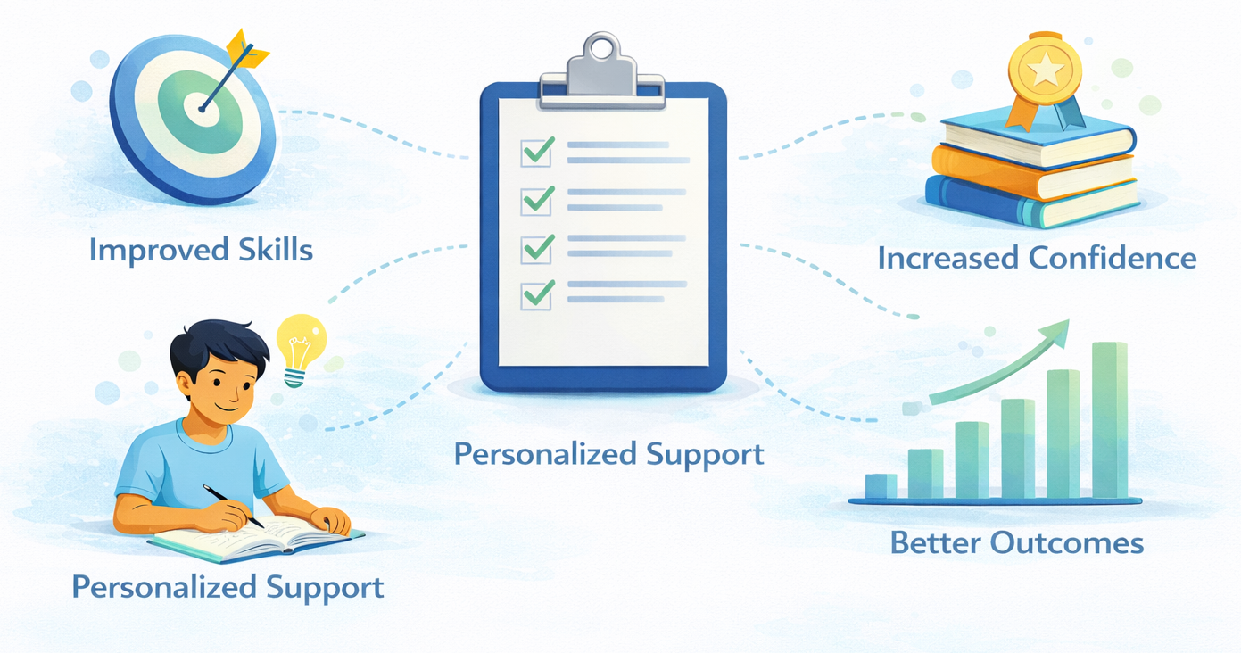 Diagram showing the benefits of tutoring, including confidence, understanding, and independence